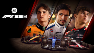 Et billede af 3 F1-kørere over deres biler med tekst, der siger: F1 25