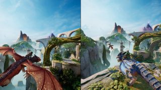 Mio and Zoe ride dragons in a mystical valley, with the red one flying and the blue one overlooking the area